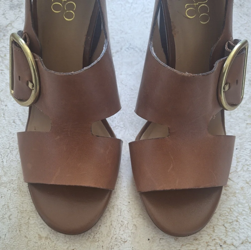 FRANCO SARTO "Mirabel" Leather Cognac Brown Gold Buckle Block Heels - Size 7 - Picture 3 of 8